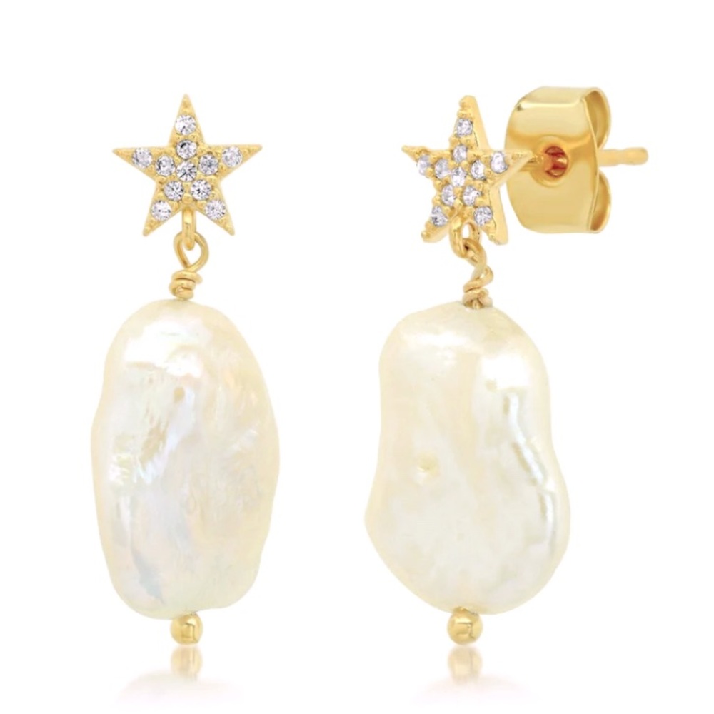 TAI Jewelry- Pave CZ Star And Baroque Pearl Earrings